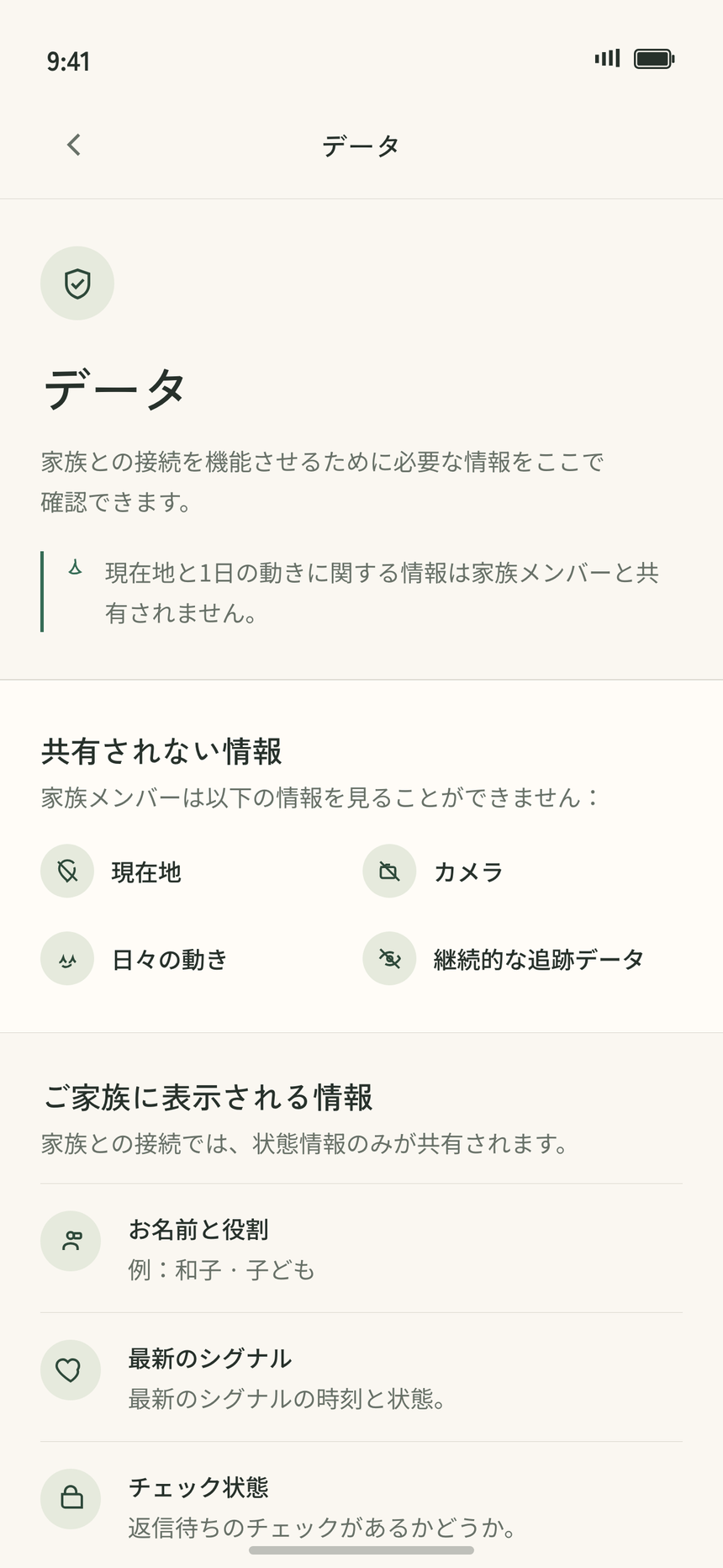 共有されない情報を示すデータ画面